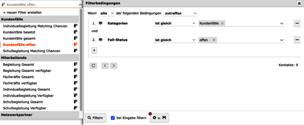 Filterung in Contactbox CRM mit verschiedenen Bedingungen