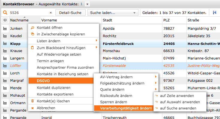 Das Bild zeigt die DSGVO-Funktion im Kontextmenü von contactbox crm.