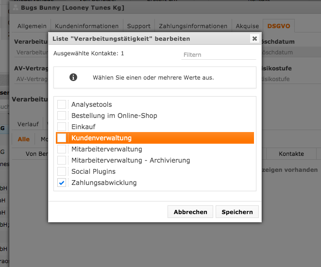 Das Bild zeigt eine Auswahlliste mit Einträgen für das DSGVO Verarbeitungsverzeichnis von contactbox crm.