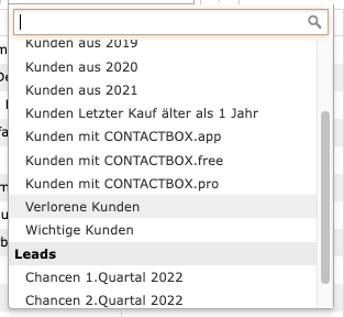 Das Bild zeigt eine Liste von gespeicherten Detailsuchen in contactbox crm