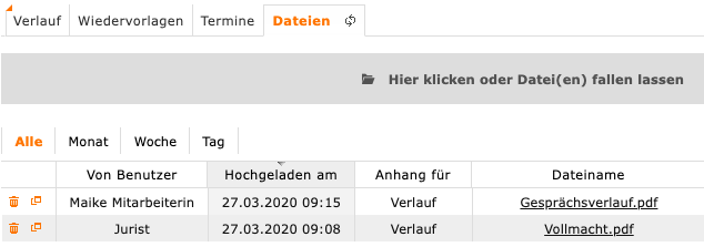 Das Bild zeigt Datei Anhänge in contactbox crm.