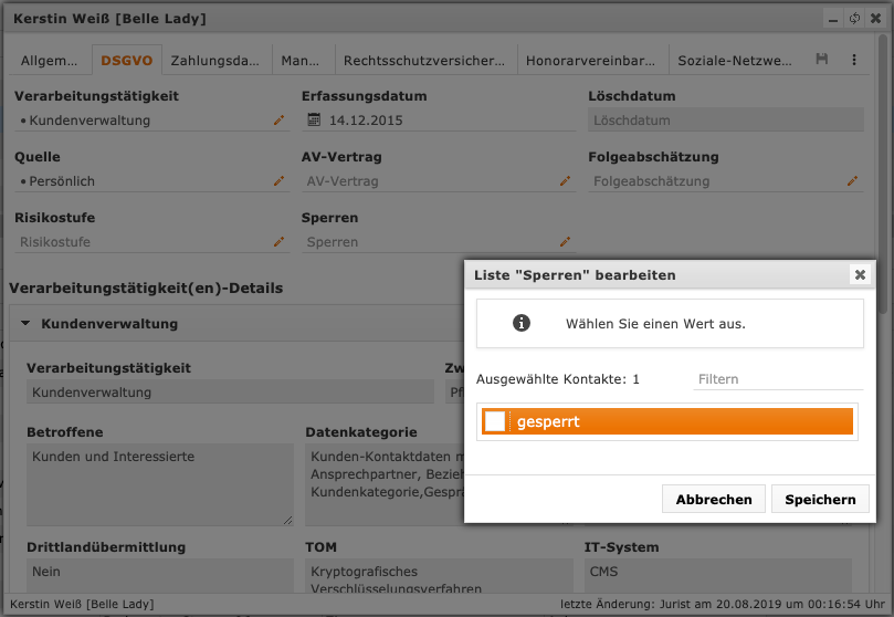 Ein Fenster in contactbox crm mit einer Checkbox, über die ein Kontakt auf die Sperrliste verschoben werden kann.
