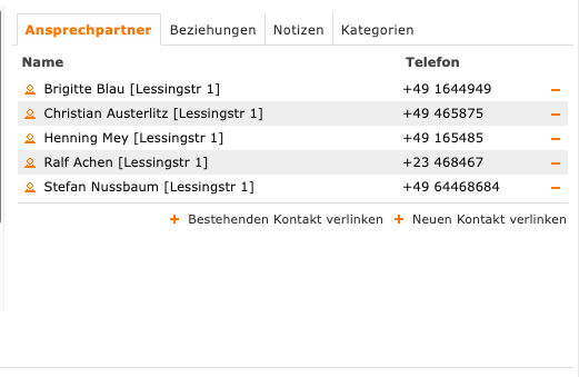 Das Bild zeigt einen Screenshot von contactbox crm für Immobilien mit Details zu Mietern.